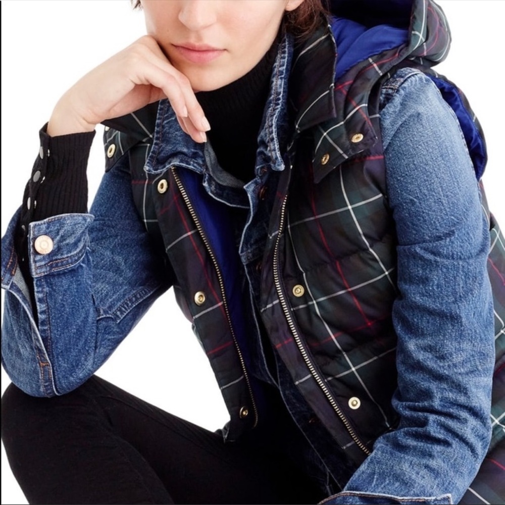J. Crew Petite Green Plaid Duck Down Puffer Vest